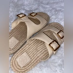 Tory Burch Two-Band Selby Espadrille Leather Slide Sandals